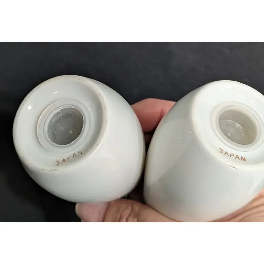 Salt and Pepper Shakers Vintage MCM Japan Porcelain Rosebud Platinum Trim 4.25”